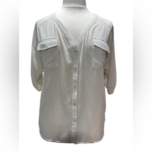 Fashion to Figure Ivory Lace Back Button Up Blouse White Roll Tab Sleeve 2X #384